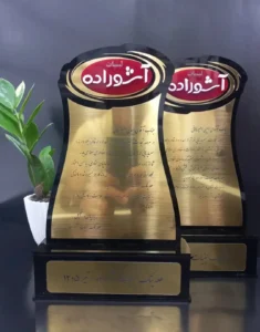 ساخت تندیس فوری لوح تقدیر پلکسی مشکی و مولتی استایل طلایی برند آشوراده